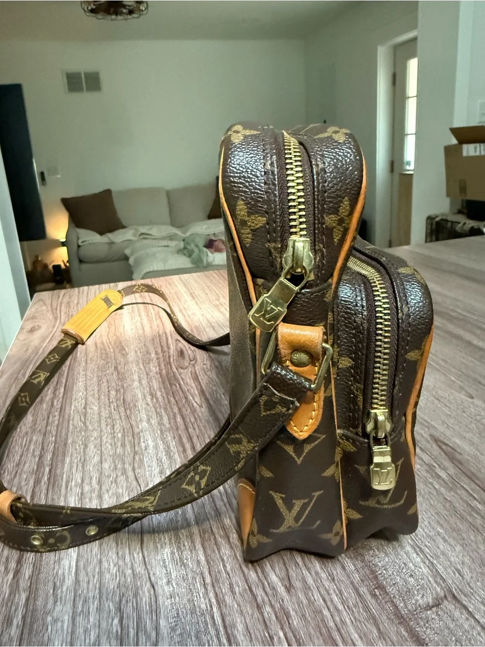 Louis Vuitton Brown Monogram Canvas Crossbody Bag with Tan Trim and Beige Strap